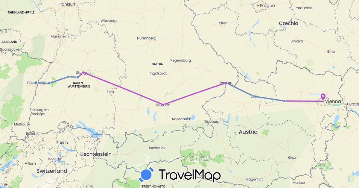 TravelMap itinerary: driving, cycling, train in Austria, Germany, France (Europe)